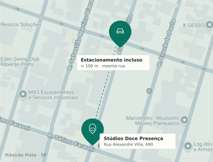 Mapa da localização de Stúdios Doce Presença e do estacionamento